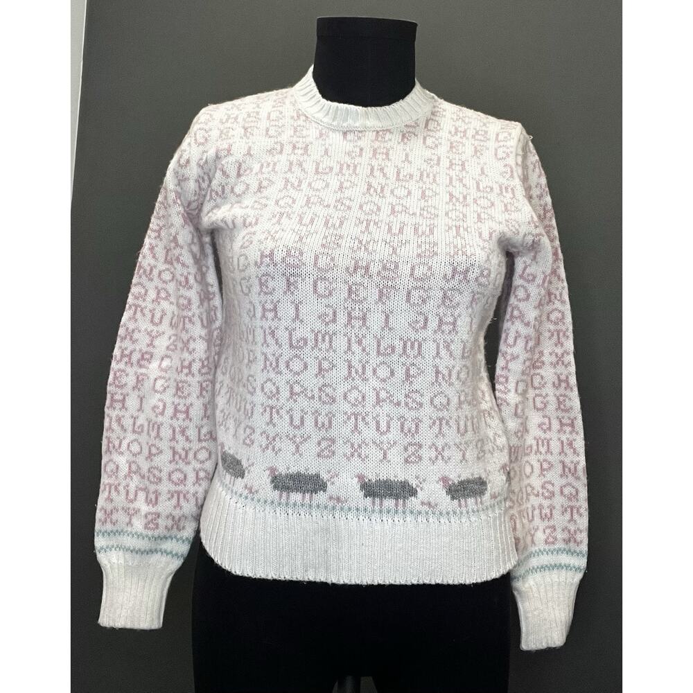 Vintage Mallards Point Alphabet Sheep Knit Sweater Pink Whimsical‎ Crewneck
